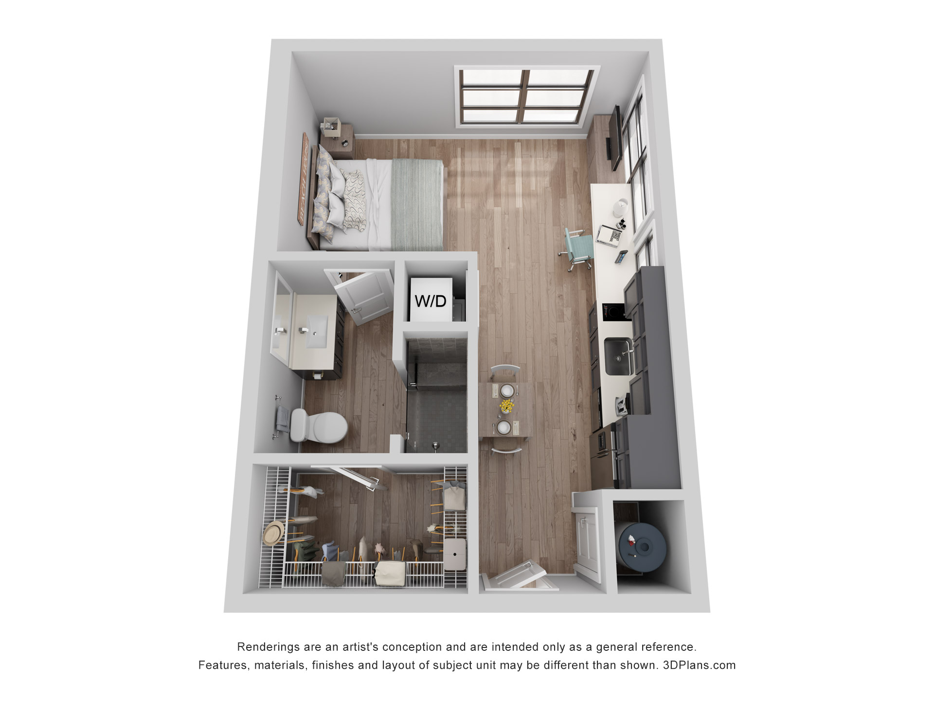 3D floor plan of a modern studio apartment with bed, kitchen, bathroom, desk, and washer/dryer.