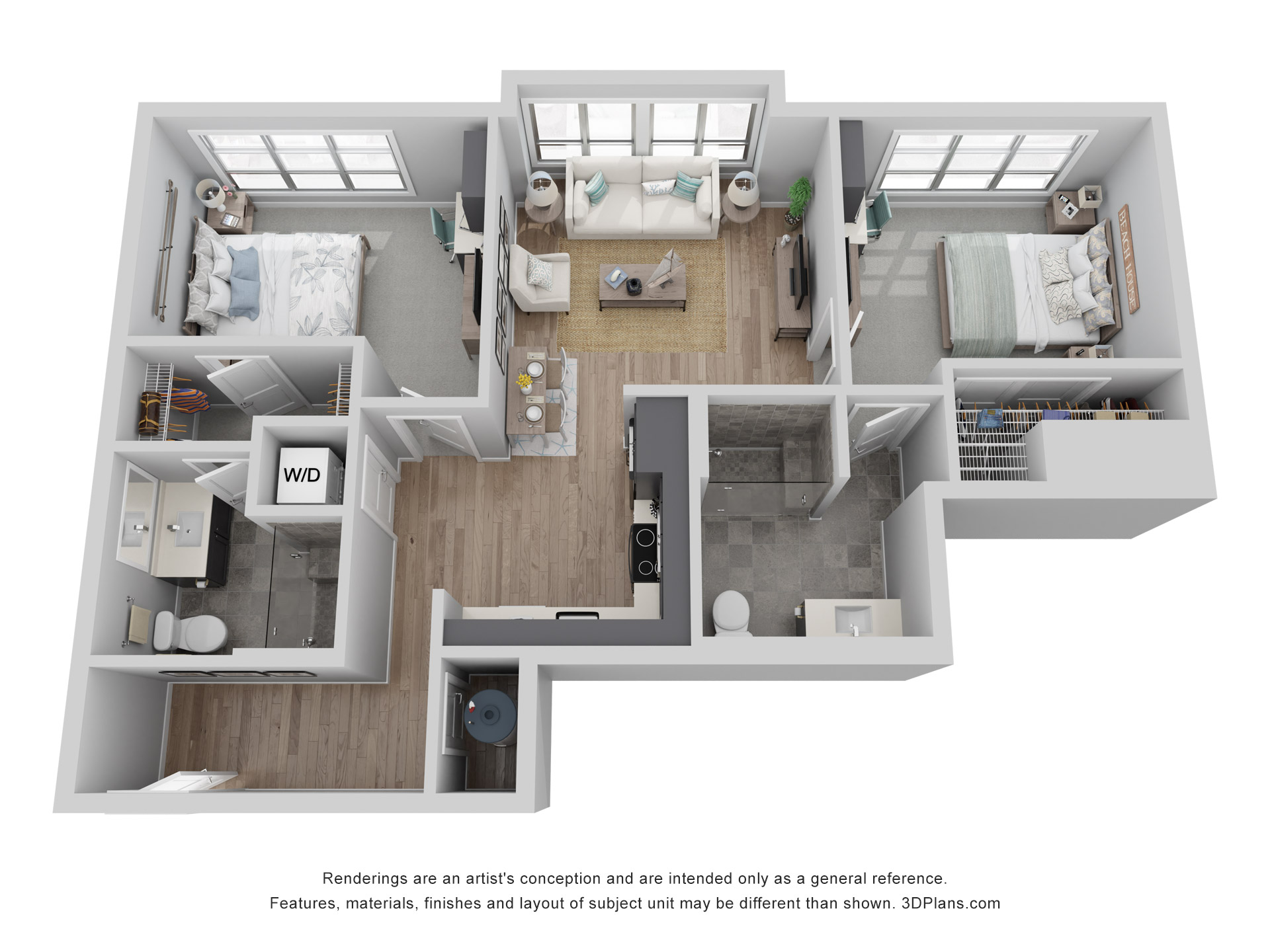 3D floor plan of a two-bedroom, two-bathroom apartment with open kitchen, living room, and laundry area.