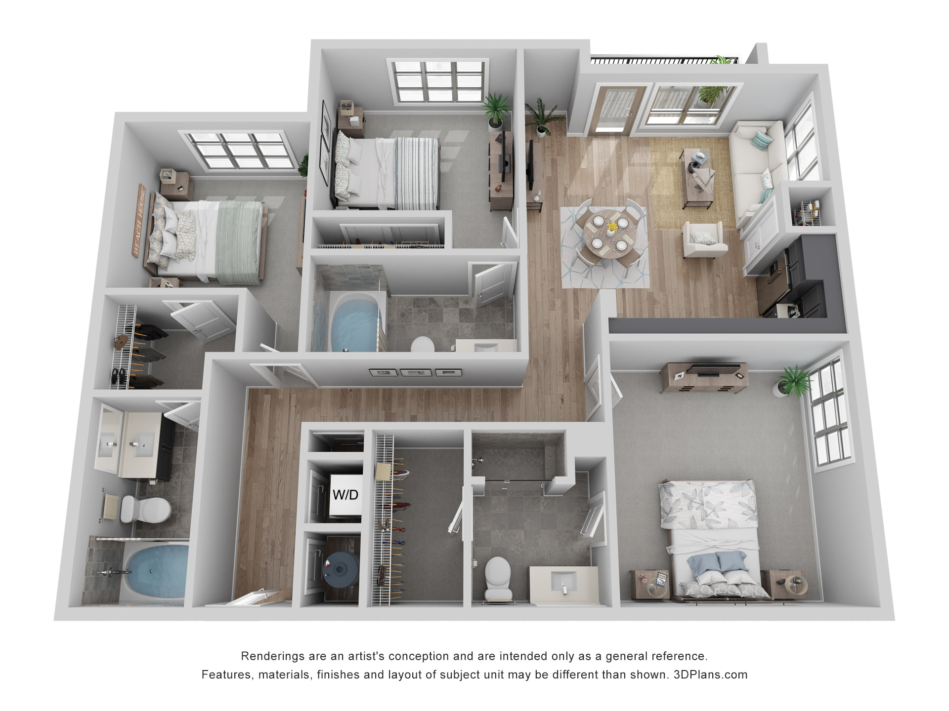 3D floor plan of a three-bedroom, two-bathroom apartment with kitchen, living, dining, and laundry areas.